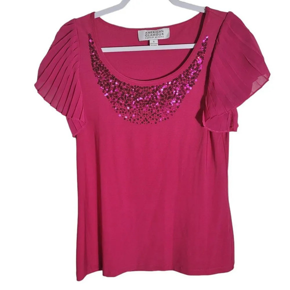 American Glamour Badgley Mischka Small Sequin Flutter Sleeve Blouse Pink Barbie - Picture 1 of 7